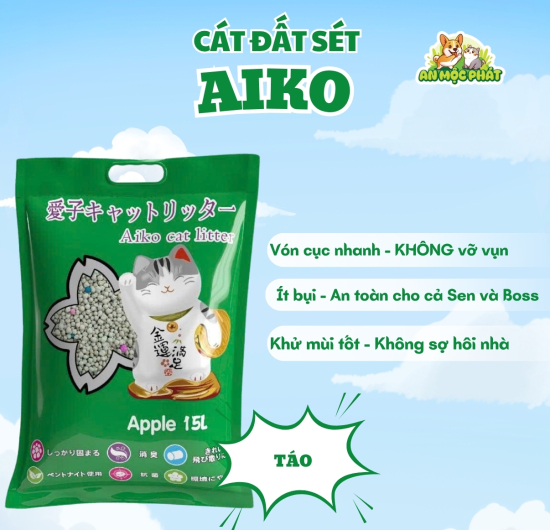 CÁT VỆ SINH CHO MÈO AIKO BENTONITE HƯƠNG TÁO - 15L