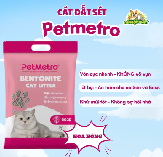 CÁT VỆ SINH CHO MÈO PETMETRO BENTONITE HƯƠNG HOA HỒNG- 15L