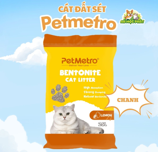 CÁT VỆ SINH CHO MÈO PETMETRO BENTONITE HƯƠNG CHANH- 25L