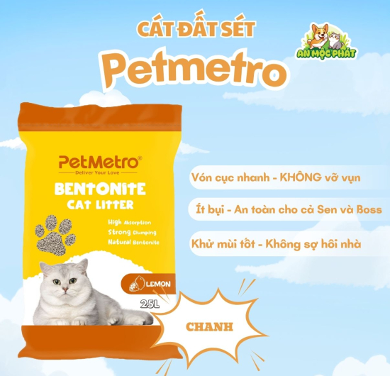 CÁT VỆ SINH CHO MÈO PETMETRO BENTONITE HƯƠNG CHANH- 25L