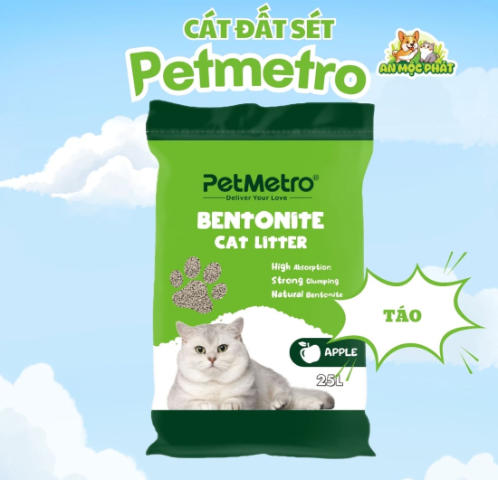 CÁT VỆ SINH CHO MÈO PETMETRO BENTONITE HƯƠNG TÁO - 25L
