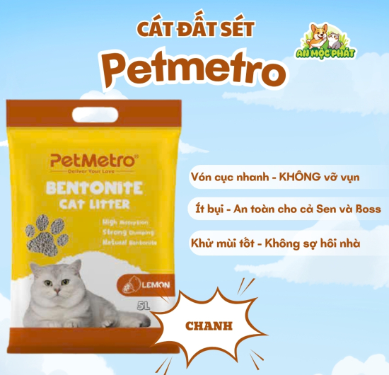 CÁT VỆ SINH CHO MÈO PETMETRO BENTONITE HƯƠNG CHANH- 15L