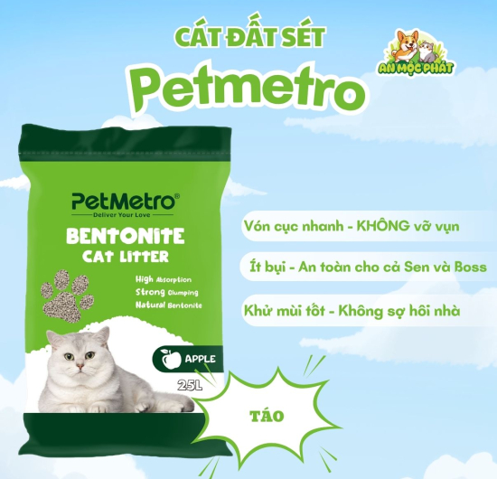 CÁT VỆ SINH CHO MÈO PETMETRO BENTONITE HƯƠNG TÁO - 25L
